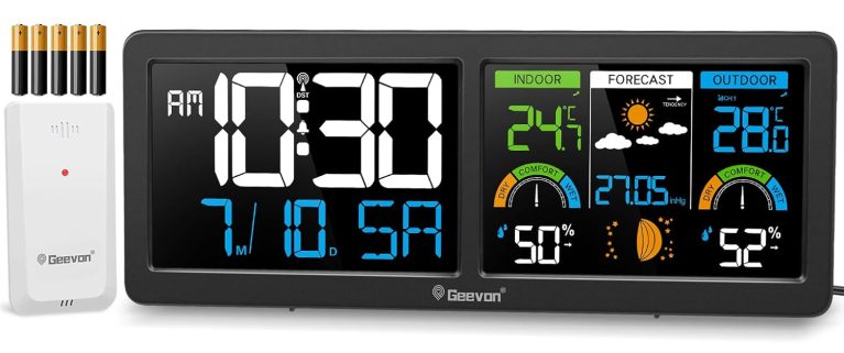 Geevon DCF Station météo sans fil avec capteur extérieur, thermomètre hygromètre intérieure et extérieure radio, avec prévisions météorologiques (246258 avec DCF batterie)
