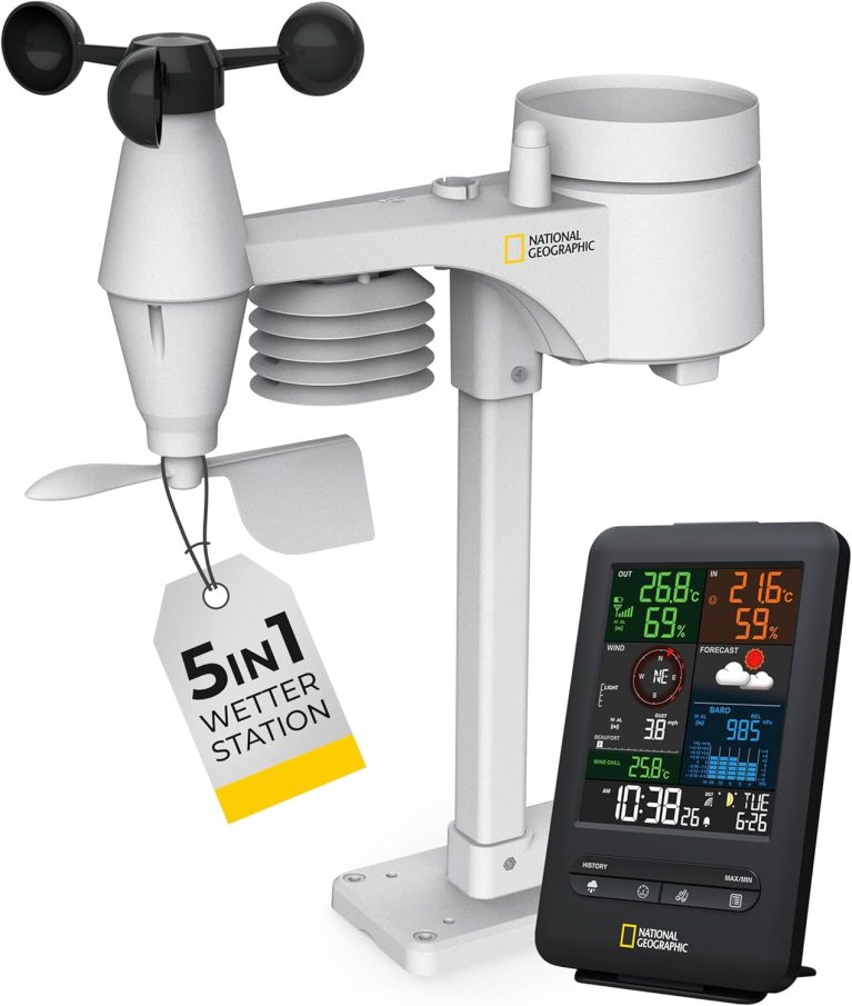 National Geographic Station Météo Couleur Sans Fil Avec Capteur Extérieur 5 En 1 De Température/Humidité De L'air/Pression Atmosphérique/Anémomètre/Pluviomètre, Noir