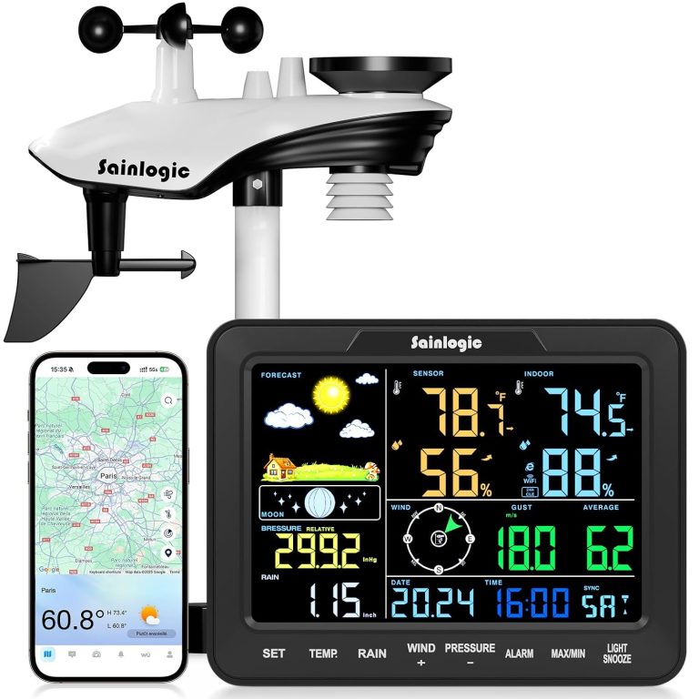 Sainlogic Station météo WiFi avec IA, Pluviomètre, Anémomètre avec alarme, 12 en 1