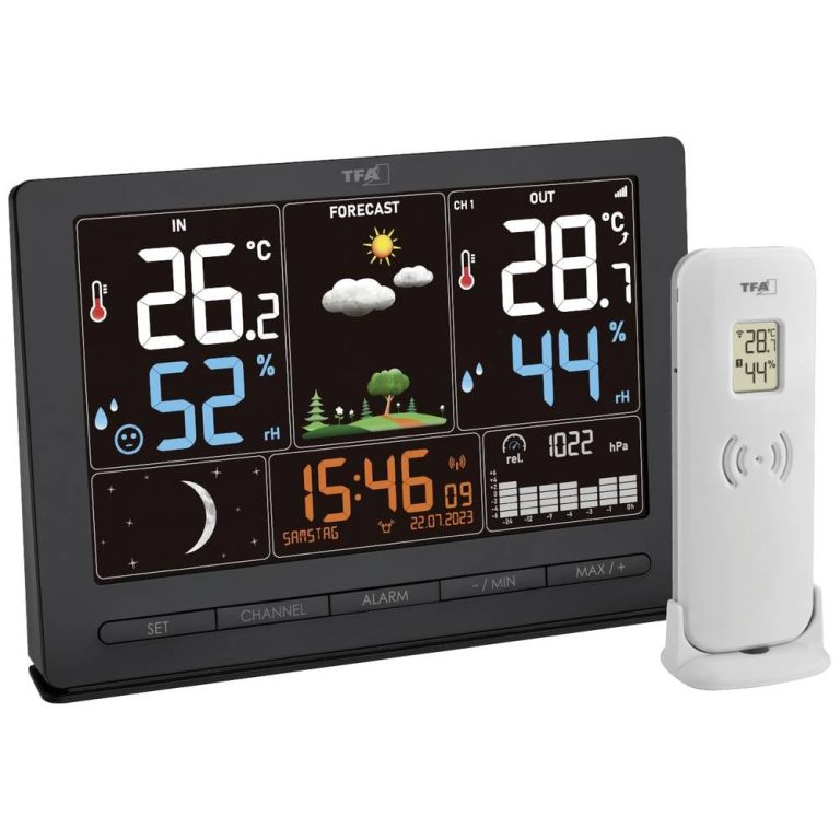 TFA Dostmann Station météo Intérieur Extérieur, SEASON 2, 35.1118.01, avec émetteur sans fil, prévisions météorologiques, écran couleur, température et humidité, avec phase de lune, noir